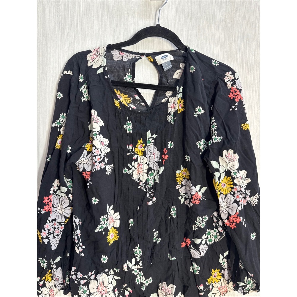 Old Navy Womens Black Floral Peplum Blouse Long Sleeve Keyhole Back Large